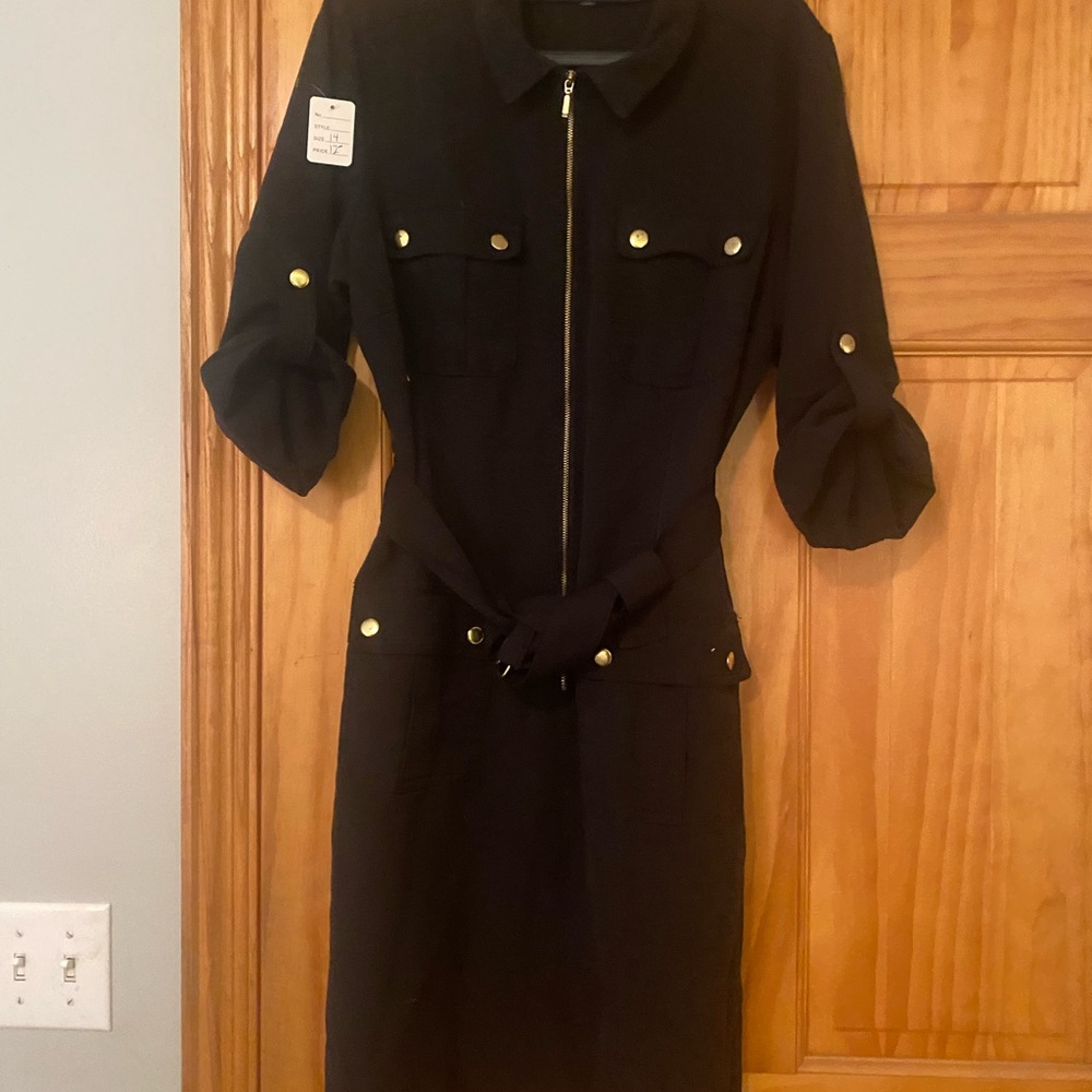 Black Sharagamo belted Zip dress with pockets. So flattering! Size 10-14